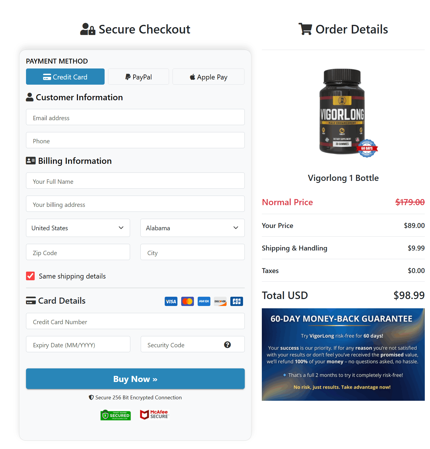 VigorLong Checkout page